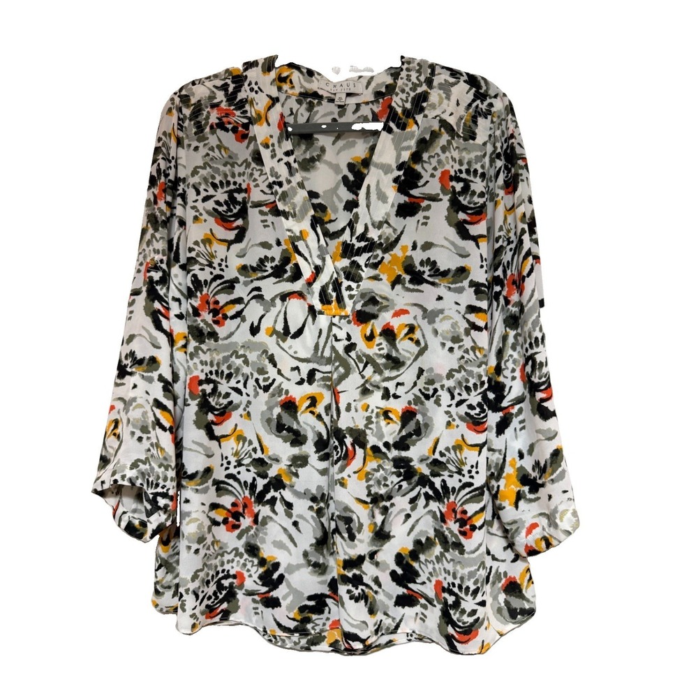 Chaus NY Abstract Floral V-Neck Blouse Top Size XL Multi Color Roll Tab Sleeve